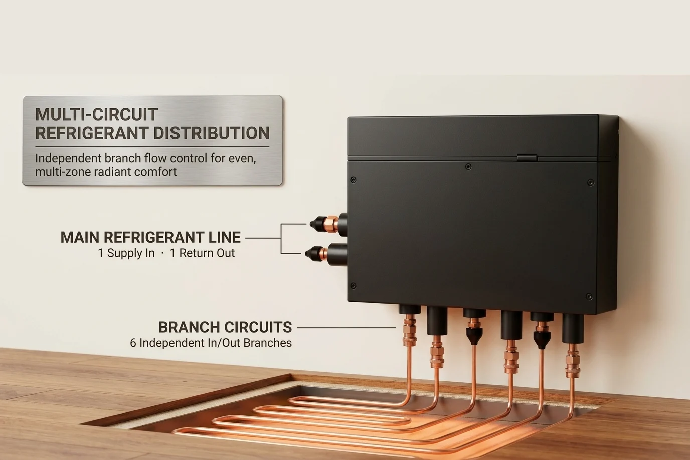 Multi-circuit refrigerant distribution manifold: one main supply/return and six independent branch circuits feeding a radiant floor